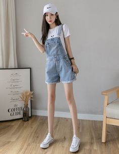 Blue Overalls, Blue Jean Shorts, Light Blue Jeans, Blue Fits, Overall Shorts, Ripped Jeans, Jean Shorts, Blue Jeans, Korean Fashion