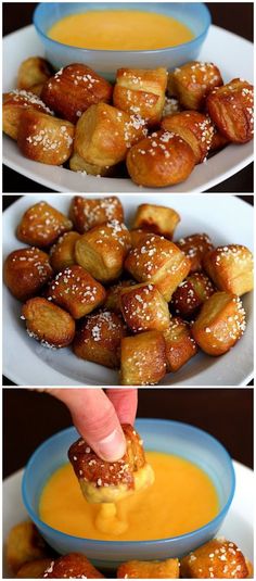 there are three pictures showing how to make pretzel bites with dipping sauce in them