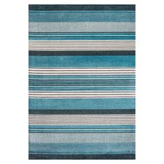 a blue and black striped rug on a white background with no one in the photo