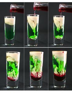 four shots being poured into glasses filled with green and red liquid to make a drink