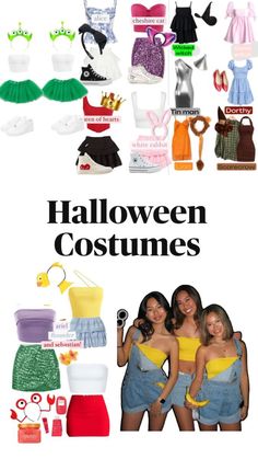 two girls are standing next to each other in front of halloween costumes and clothes on display