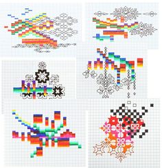 cross stitch designs on graph paper with different colors and shapes in each one, including the letters