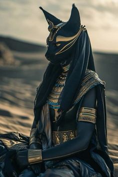 an egyptian woman dressed in black and gold sits on the sand with her hands folded