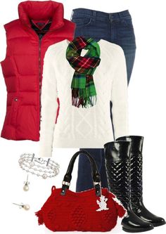 "Red & Green 2" by happygirljlc on Polyvore Overalls Outfits, Winter Mode, Womens Fashion Casual, Holiday Outfits, Christmas Outfit, Red Green