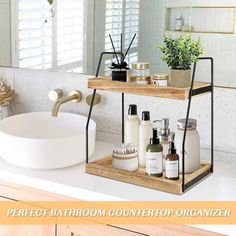 the bathroom counter is organized and ready to be used as a shelf for soaps