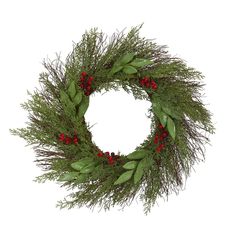 a green wreath with red berries and greenery