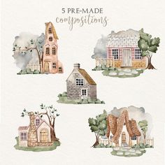 watercolor houses and trees with the words 5 pre - made compositions