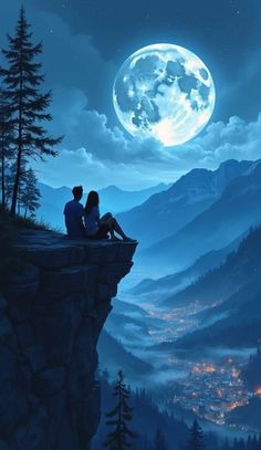 girl, boy, night, moon, view, mountains, cliff, ai, romance, wallpaper, Romance Wallpaper, Moon View, Night Moon, Watch Wallpaper, A Boy, A Girl, Romance, Moon, Anime