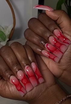 Red Curved Nails, Red And Pink Aura Nails, Red Airbrush Nails, Red Birthday Nails, College Nails, Red Chrome Nails, Prom Nails Silver, Nails Silver