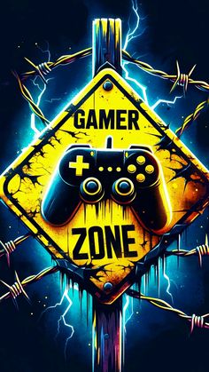 a yellow sign that says gamer zone with two video game controllers on it and lightning in the background