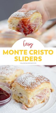 a close up of a pastry with powdered sugar on it and the words easy monte cristo sliders