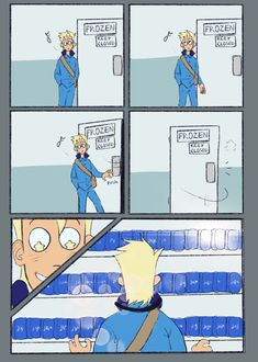 a comic strip with an image of a man in blue