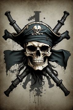 a skull wearing a pirate hat with two crossed sabers on it's head