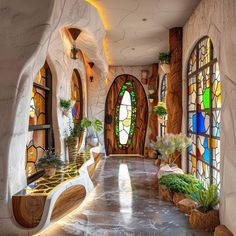 a long hallway with stained glass windows and potted plants on either side of the doors