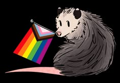 an opossy holding a rainbow flag in its paws