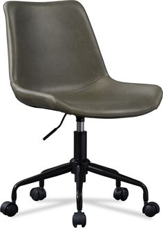 an office chair with casteors and wheels on the backrest, in grey leather