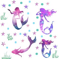 three mermaids are swimming in the water with stars and grass around them, while one is