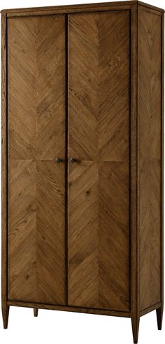 the armoire is made from wood and has two doors, one with an arrow design on