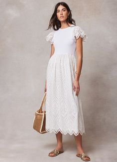 White Jersey Broderie Midi Dress Luxury Midi Dress With Scalloped Lace, Luxury Women's Midi Dress With Scalloped Lace, Luxury A-line Midi Dress With Scalloped Lace, Luxury White Dresses With Broderie Anglaise, Luxury White Broderie Anglaise Dress, Luxury Scalloped Lace A-line Midi Dress, Luxury Broderie Anglaise Elegant Dresses, Luxury Midi Dress With Scalloped Lace For Women, Luxury Summer Midi Dress With Broderie Anglaise