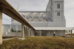 an artist's rendering of a building with people walking in the grass near it