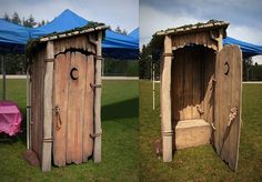 two pictures of a wooden outhouse in the grass