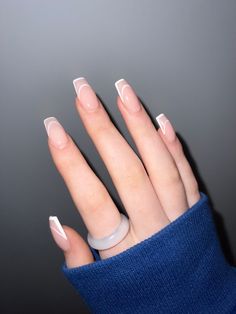 Coffin Style French Tip Nails, Coffin French Tip Designs, White French Tip Nails With Design Lines, Acrylic Nail White French Tip, White Nail Design Coffin, White Line French Nails, Simple French Tip Nails Coffin, Short French Tip Coffin Acrylic Nails, Acrylic Nail Designs Coffin French Tip