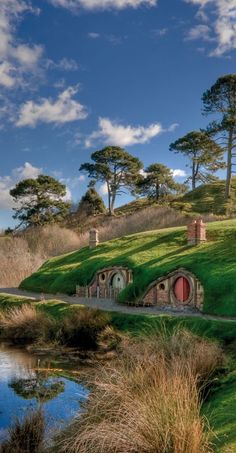 the hobbot house is on top of a hill near a pond and trees