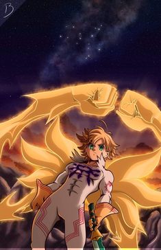 an anime character with long blonde hair standing in front of a sky filled with stars