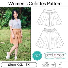 a woman's skirt sewing pattern with the front and back view of her skirt