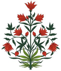 a red flower with green leaves and stems on a white background is featured in this illustration