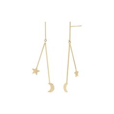 With long, linear drops, these drop earrings add modern elegance to your look. Theyre accented with star and moon designs that give them a celestial vibe. Finished in shiny 14k gold, they make every outfit look extra special. Size: one size.  Color: Yellow.  Gender: female.  Age Group: adult. Gold Heart Stud Earrings, Moon Designs, Paris Jewelry, Gold Heart Studs, Diamond Earrings Studs Round, Star And Moon, Cz Stud Earrings, Round Stud Earrings, Moon Design