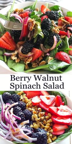 berry walnut spinach salad in a white bowl