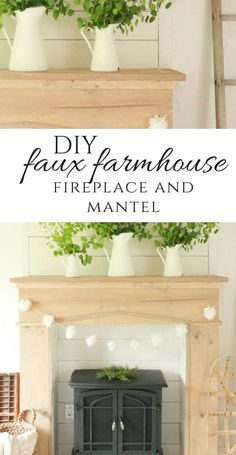 a fireplace mantel with potted plants on top and the words diy faux farmhouse house fire place and mantle