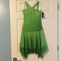 Beautiful Brand New With Tags Girls Size 16 Sleeveless Party Dress By Iz Byer California. Lime Green With Glittery Sparkle It Has Halter Style Straps, Ruched Bodice With Asymmetric Hem. Sleeveless Pull On Style With A Twirly Asymmetrical Skirt. Green Sleeveless Dress For Summer Dress-up, Green Sleeveless Dress For Dress-up Occasions, Green Y2k Outfit, Lime Green Fashion, Fae Dress, Green Halter Dress, Sleeveless Party Dress, Asymmetrical Hem Dress, 90s Dress