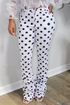 OrcaJump - Stylish Polka Dot High-Waisted Trousers with Folded Detail and Full Print Design Non-stretch Polka Dot Summer Bottoms, Summer Stretch Polka Dot Bottoms, Fitted Polka Dot Bottoms For Summer, Summer Fitted Polka Dot Bottoms, Fitted Polka Dot Summer Bottoms, Polka Dot High Waist Bottoms With Elastic Waistband, High Waist Polka Dot Bottoms With Elastic Waistband, Fitted Polka Dot Bottoms With Elastic Waistband, Fitted Polka Dot Casual Bottoms