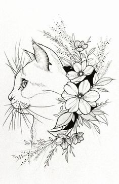 a drawing of a cat with flowers on it's head and an arrow pointing to the right