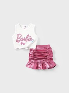 two pieces of clothing that include a t - shirt, skirt and tank top with the word barbie on it