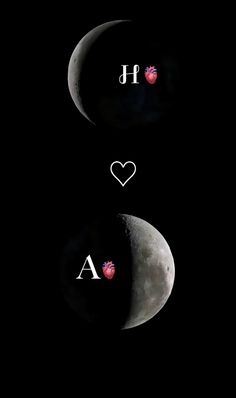 two phases of the moon with hearts and letters written on them in white ink against a black background