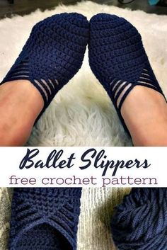 a pair of crocheted slippers with text overlay that reads, ballet slippers free crochet pattern