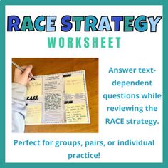 the race strategy worksheet is shown in blue and white with writing on it