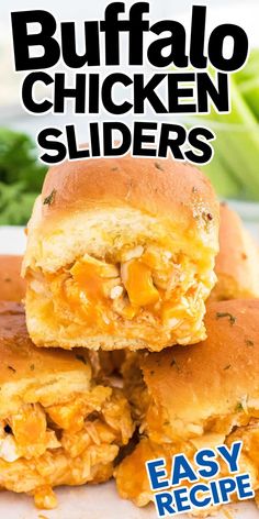 the cover of buffalo chicken sliders is stacked on top of each other with cheese