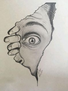 a pencil drawing of a hand holding an eye