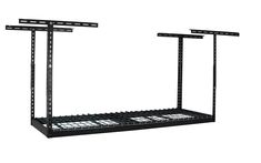 two black metal racks with one hanging on each side and the other holding three lights