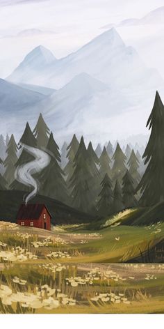 a painting of a red house in the middle of a field with mountains behind it