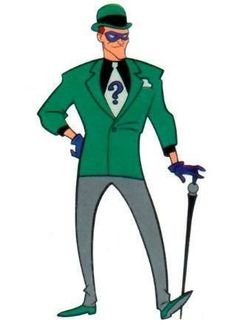 an animated man in a green suit and top hat holding a cane with question mark on it