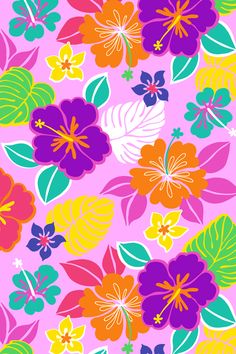 colorful flowers and leaves on a pink background