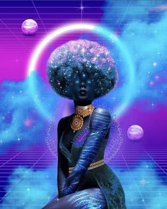 a woman with an afro is sitting in front of the moon and stars on her head