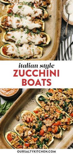 zucchini boats with meat and vegetables in them