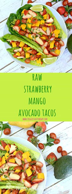 raw strawberry mango avocado taco salad on a white plate with limes and strawberries