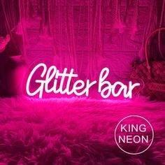 a pink neon sign that says glitter bar on top of a furry rug in front of a window